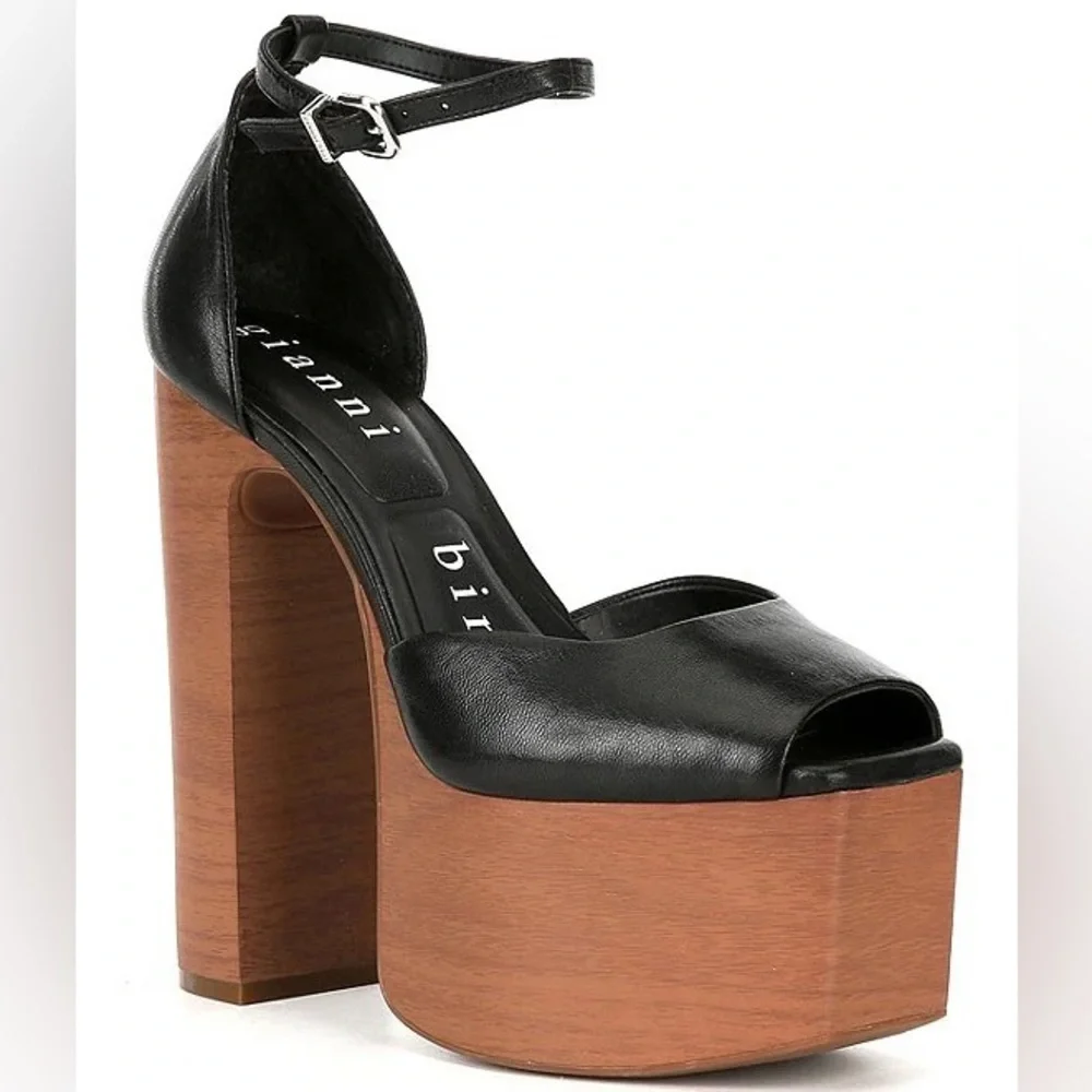 Gianni Bini Fenix Leather Peep Toe Woodgrain Platform Pumps